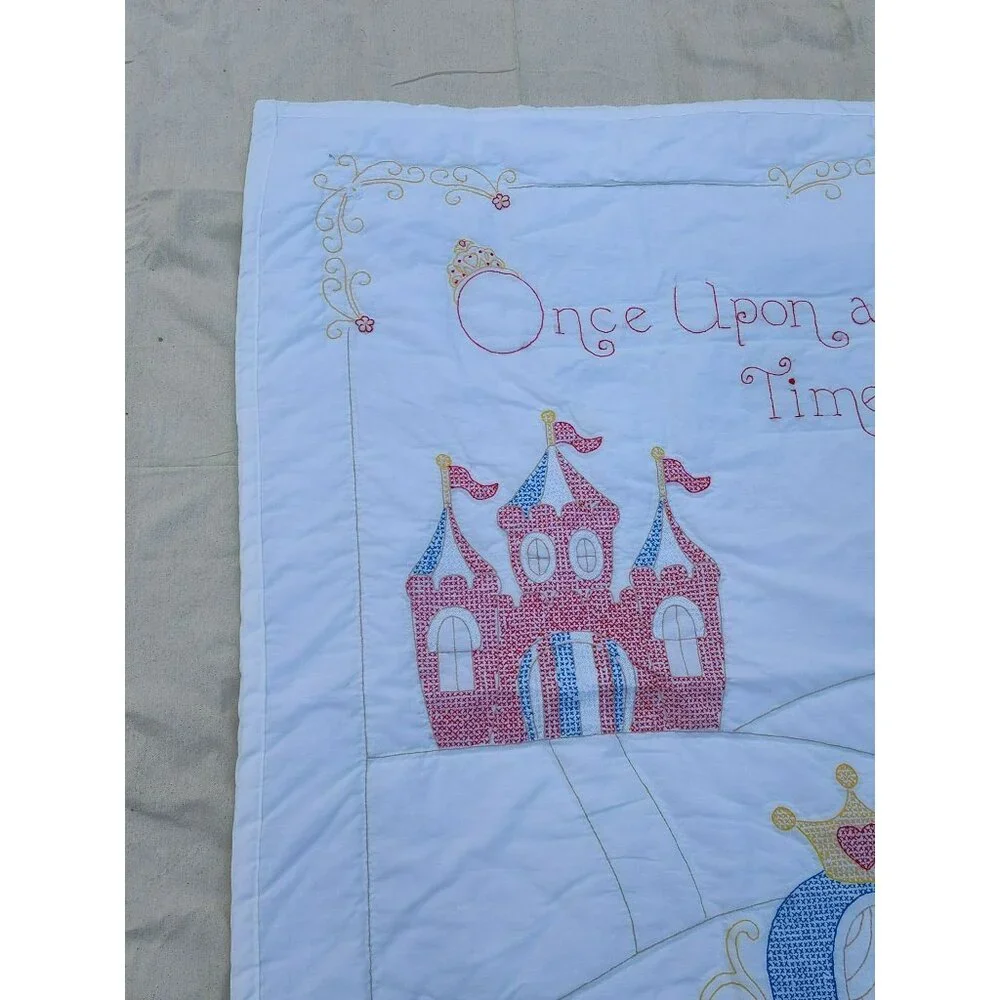 Handmade Baby Quilt, Embroidered Castle Carriage Once Upon a Time, 39